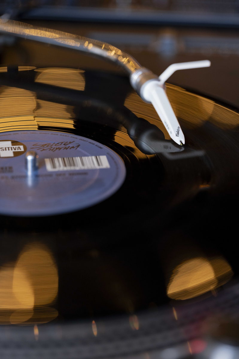 A record playing on a Technics turntable